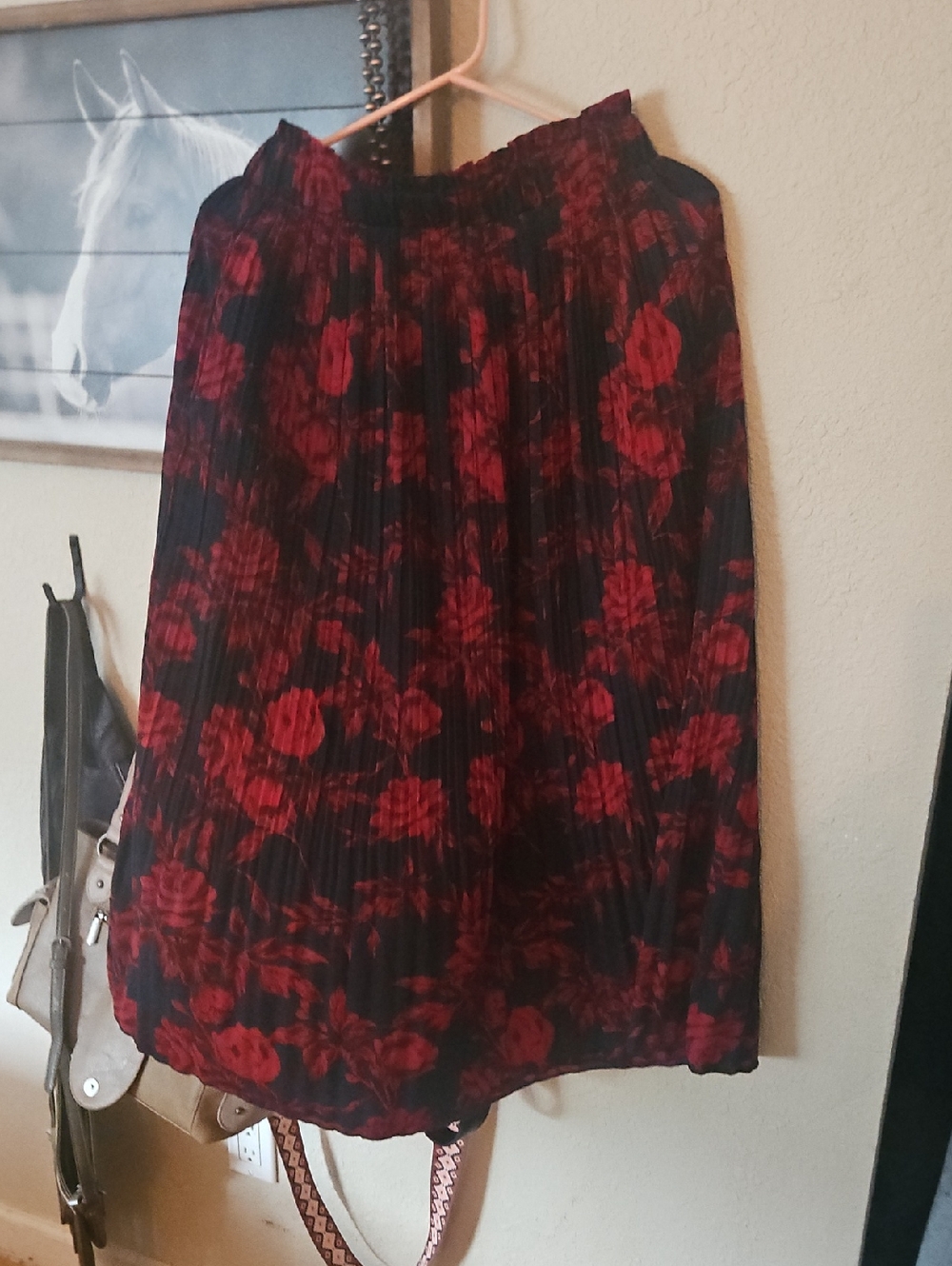 Black Midi Skirt with Red Floral Print - Women's